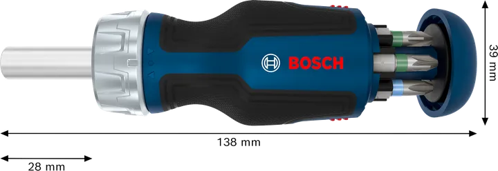 Bosch kısa uçlu cırcırlı tornavida, 6 adet uç ile birlikte.